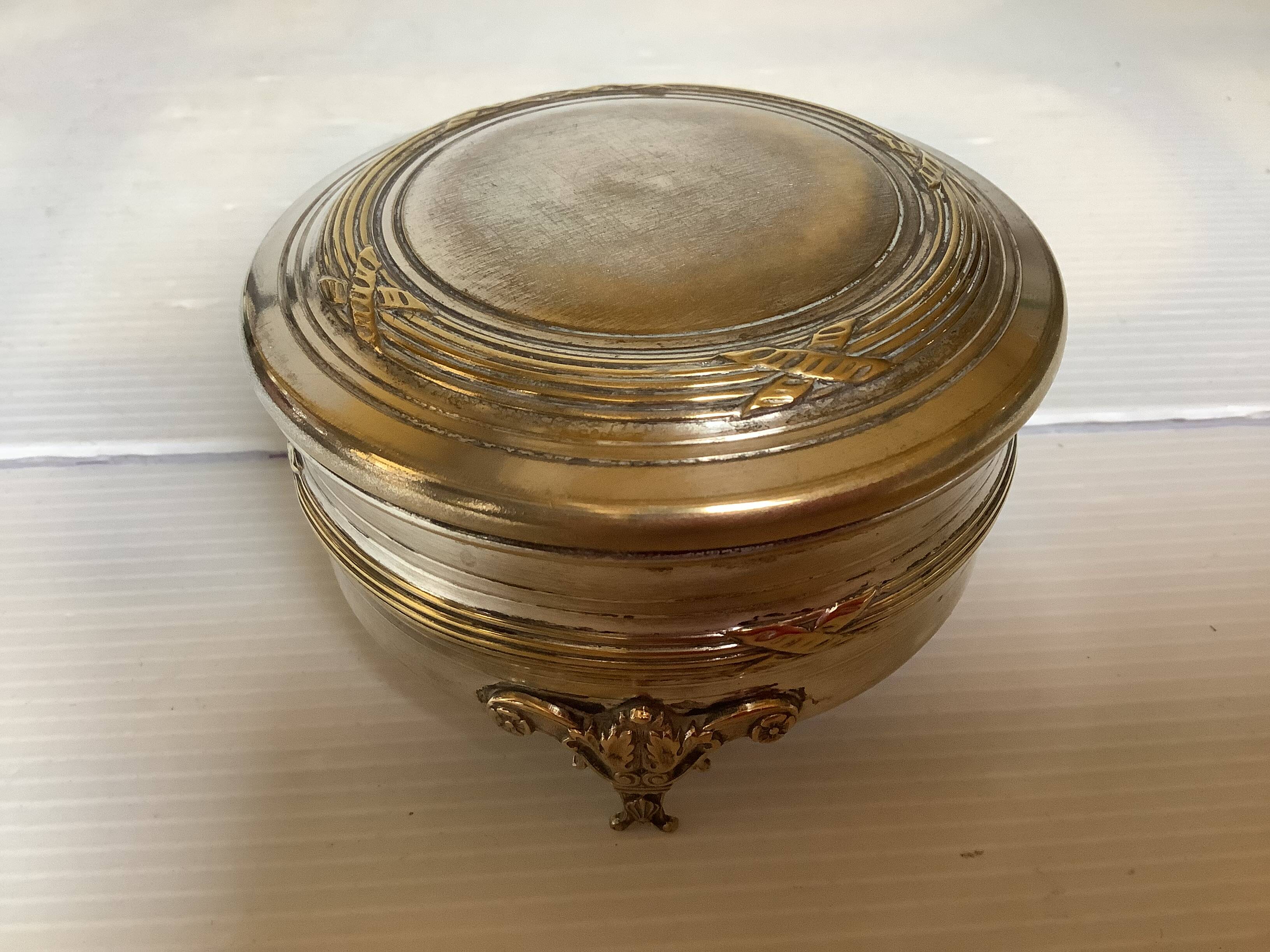 Antique silver-plated tripod box in the Louis XVI style.