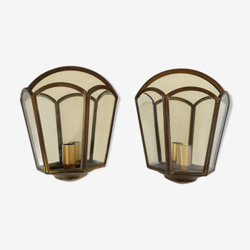 Pair of wall light  mirror lanterns and brass