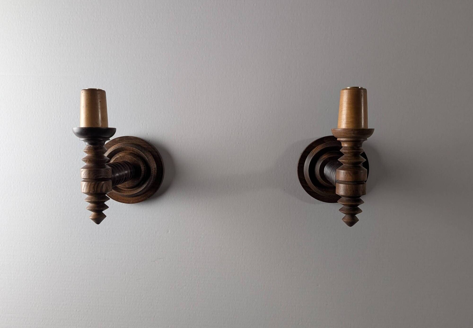 Pair of Charles Dudouyt French Turned Wood Wall Sconces, 1940s