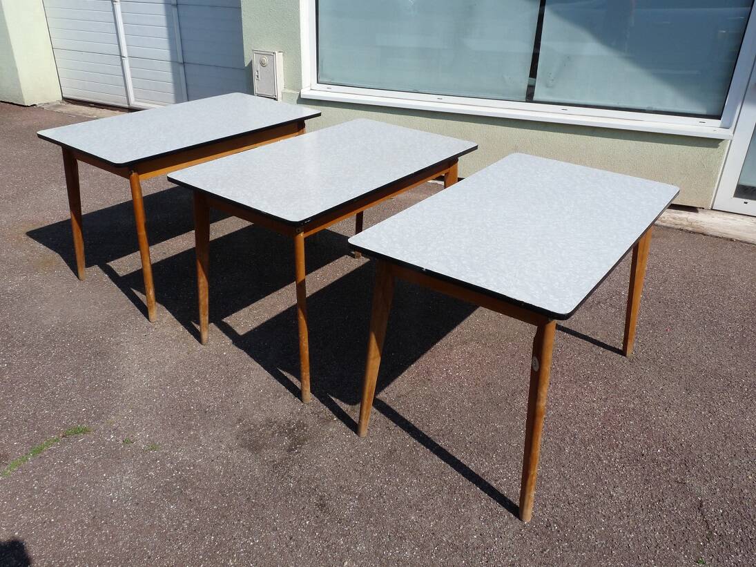 set of 3 vintage white Formica and wood tables