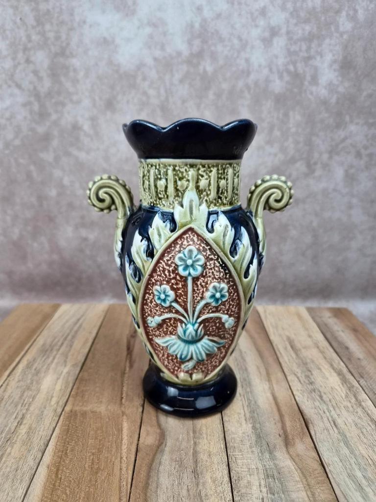 Gustave De Bruyne barbotine vase Fives Lille with an old floral decoration and stylised handles.