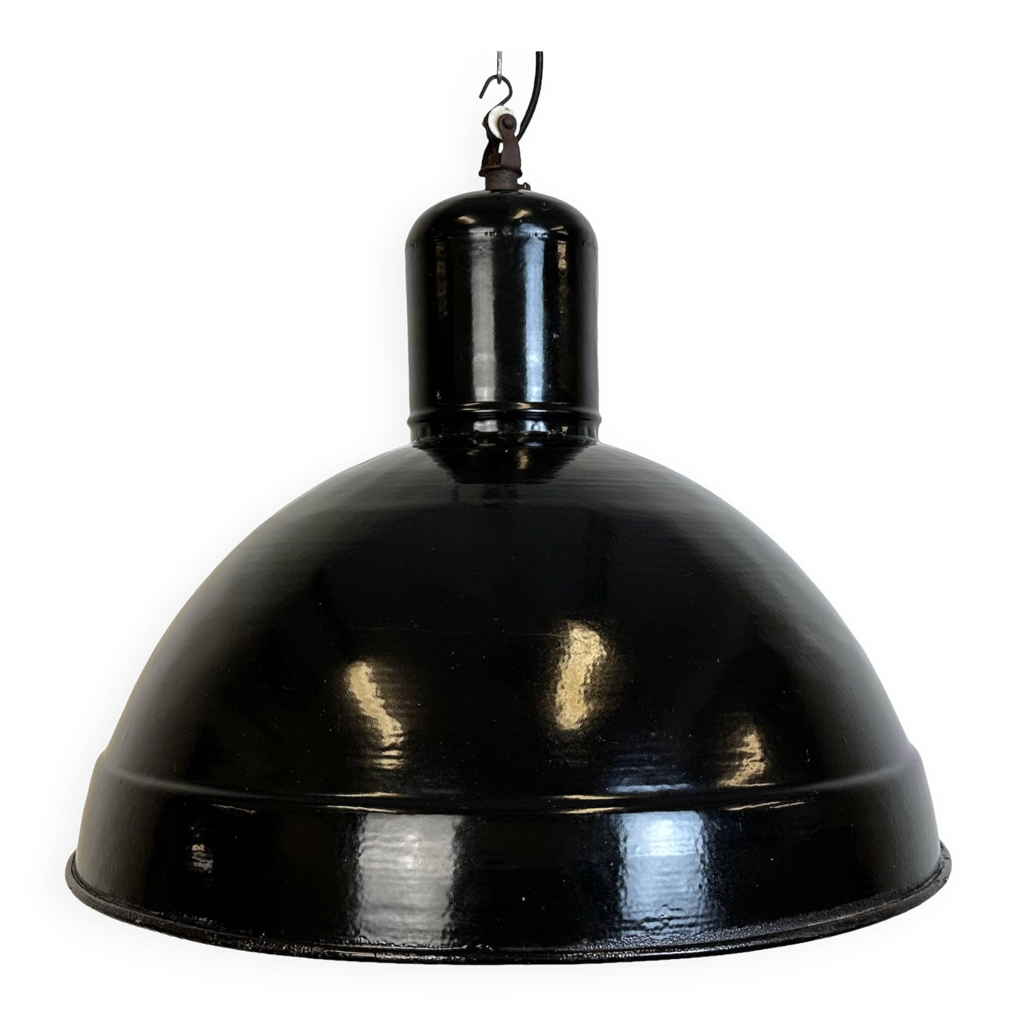 Industrial black enamel factory pendant lamp, 1950s