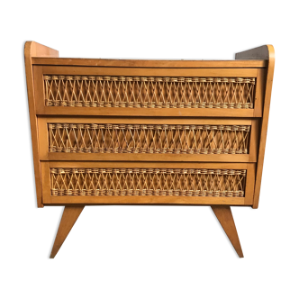 Wooden and rattan chest of drawers
