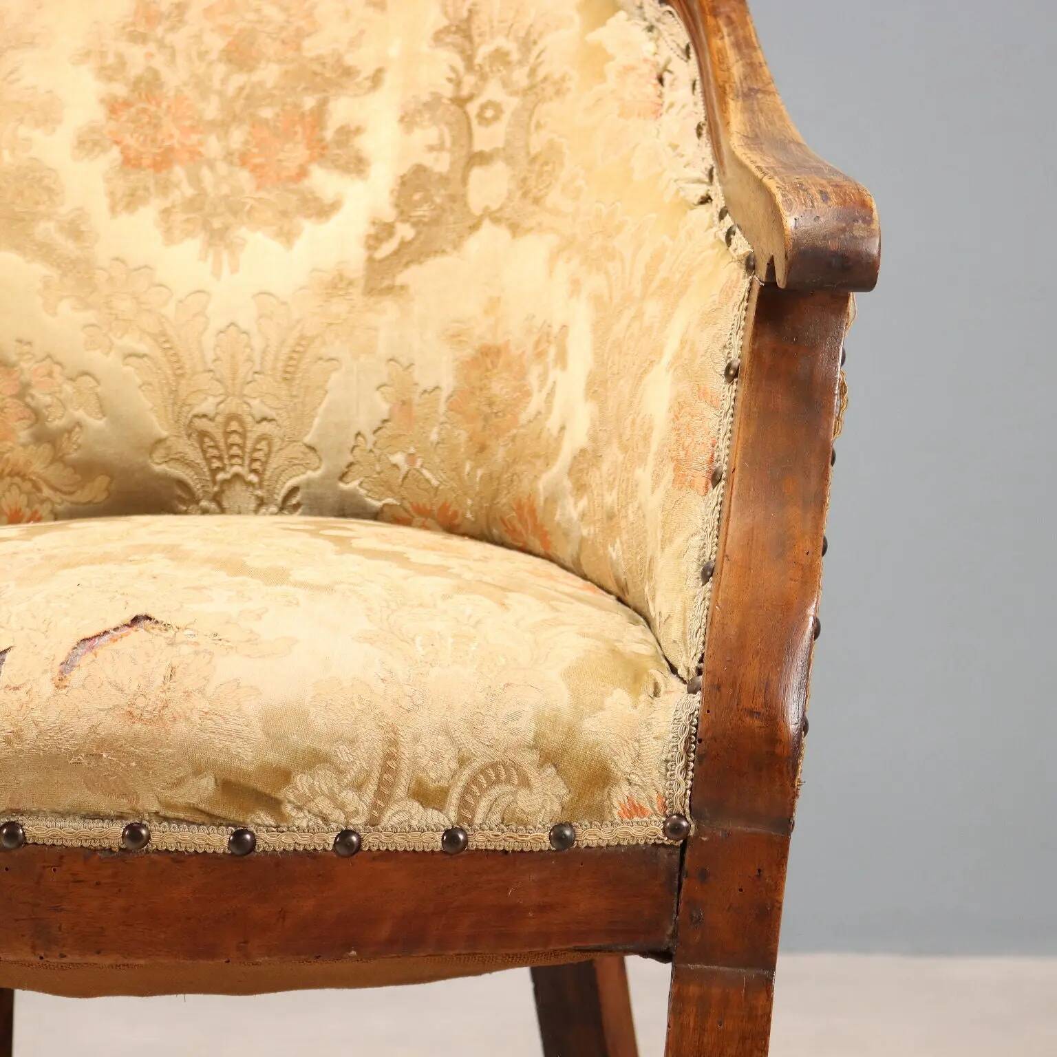 Antique walnut and fabric armchair, Italy, 19th century
