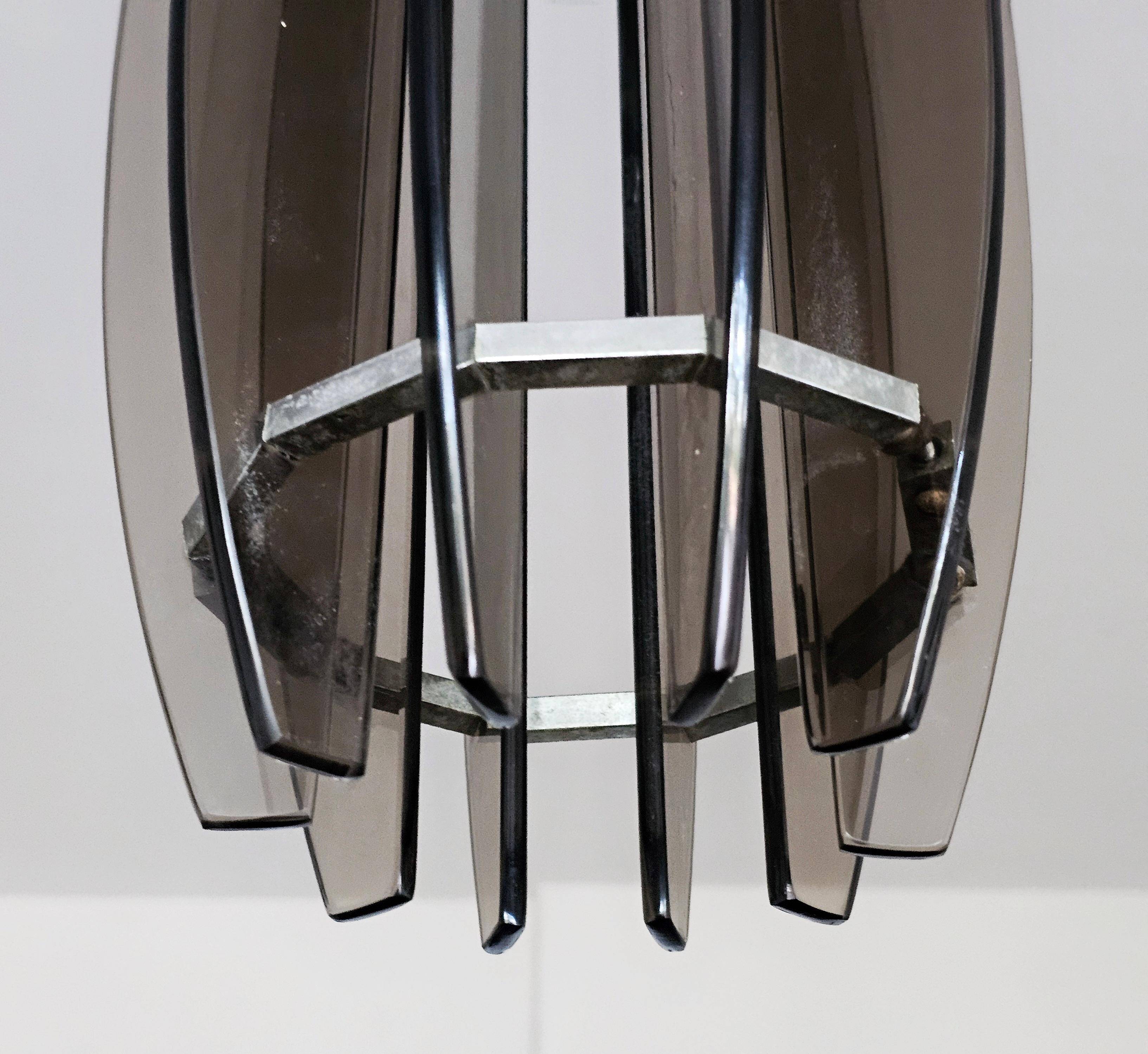 Glass chandelier, chrome and smoked glass in the Fontana Arte style from the 1970s.