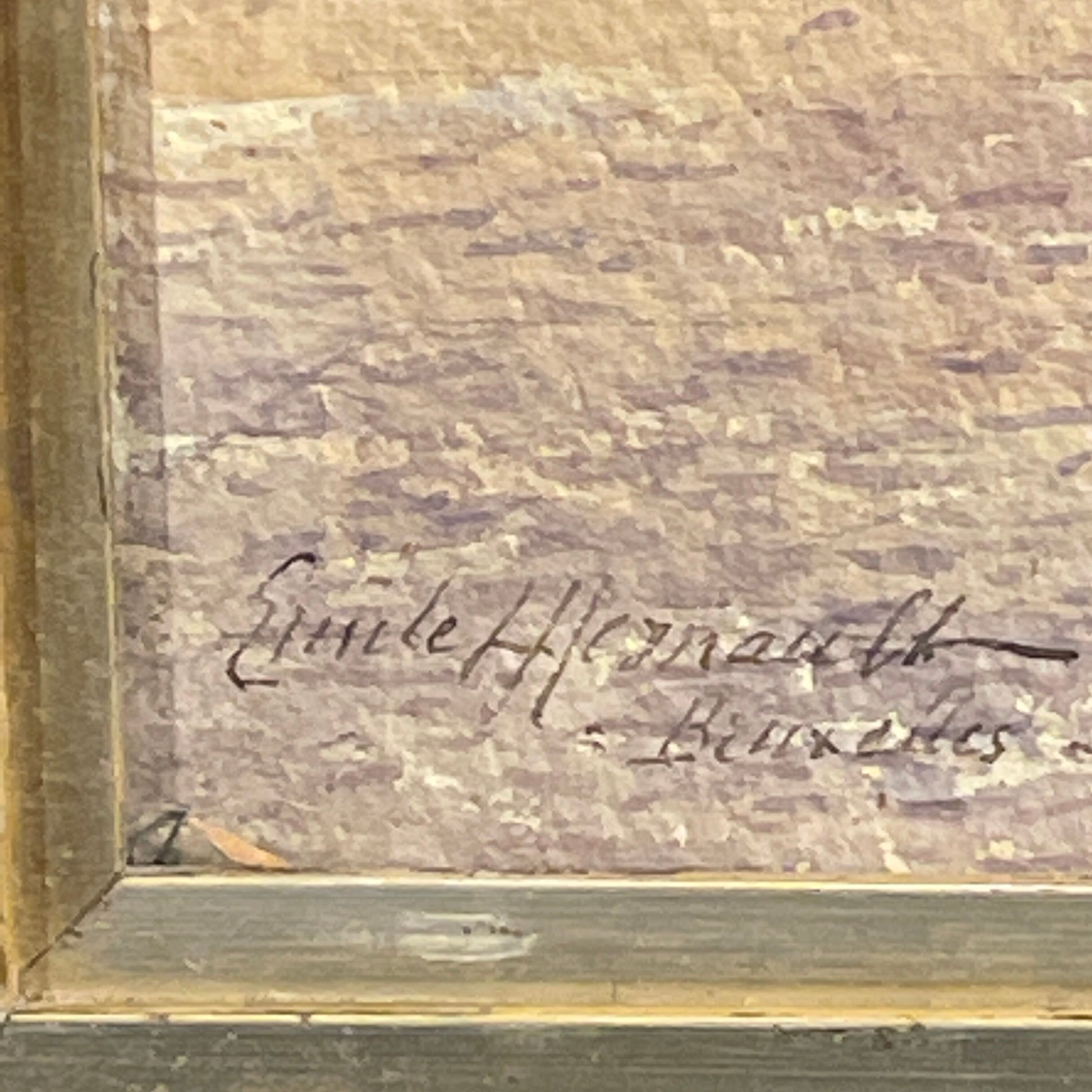 "Quai à Bruxelles" by Emile Lhernault, Tableau Aquarelle Marine, Halage et Chevaux de Trait ca 1910