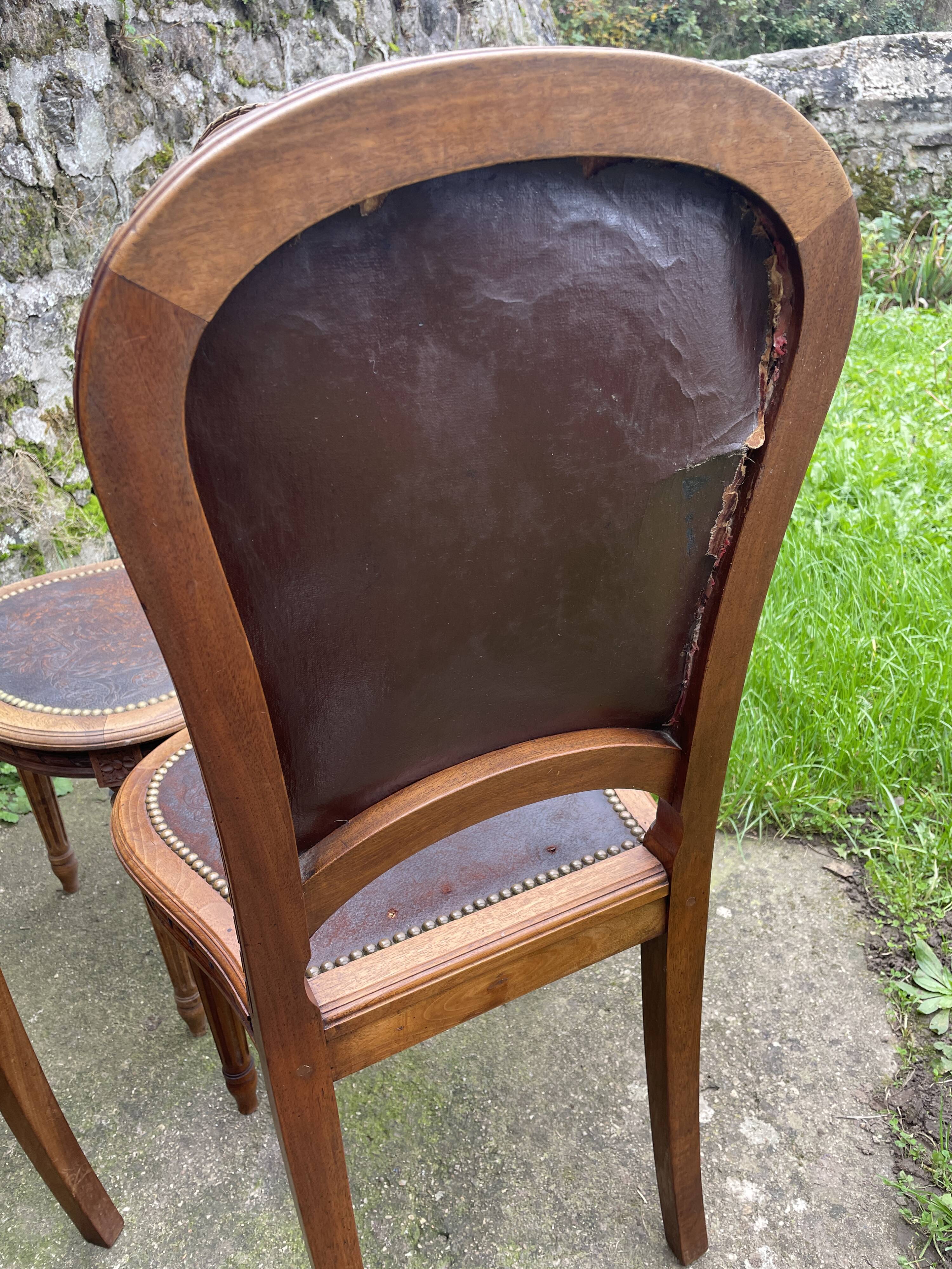 6 Louis XVI style chairs in solid beech and Cordovan leather, 1900
