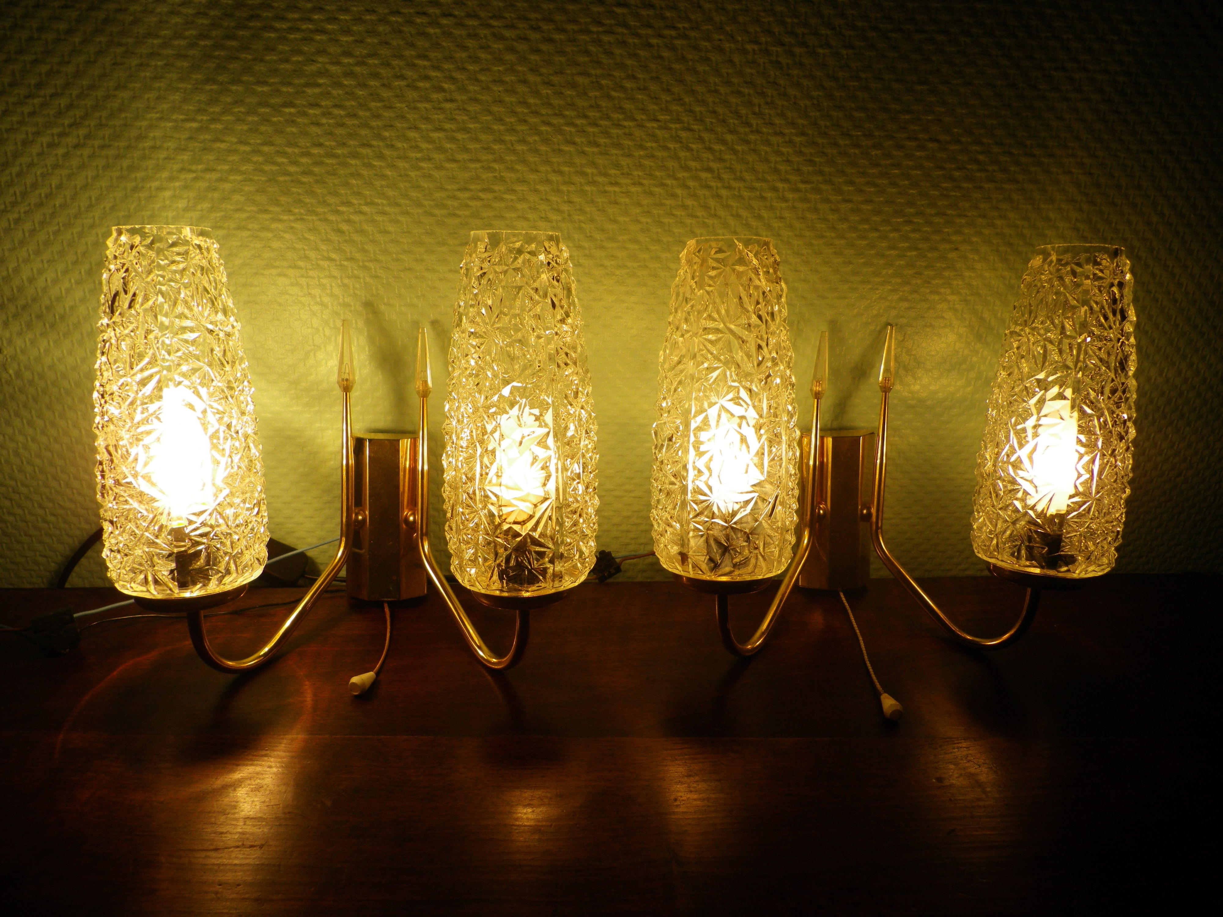 Wall lamps double lighting, with drawer, gilded metal, lampshade in worked glass - 1970