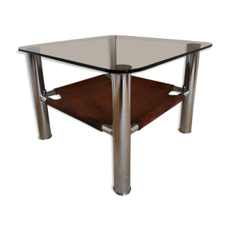 Vintage design table in chrome metal, glass and leather