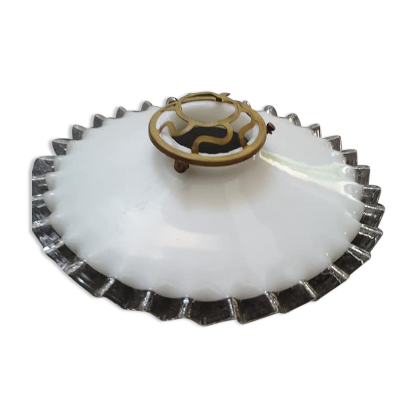 Lampshade suspension in opaline toothed white years 40 claw brass small model Ø 20.5 cm