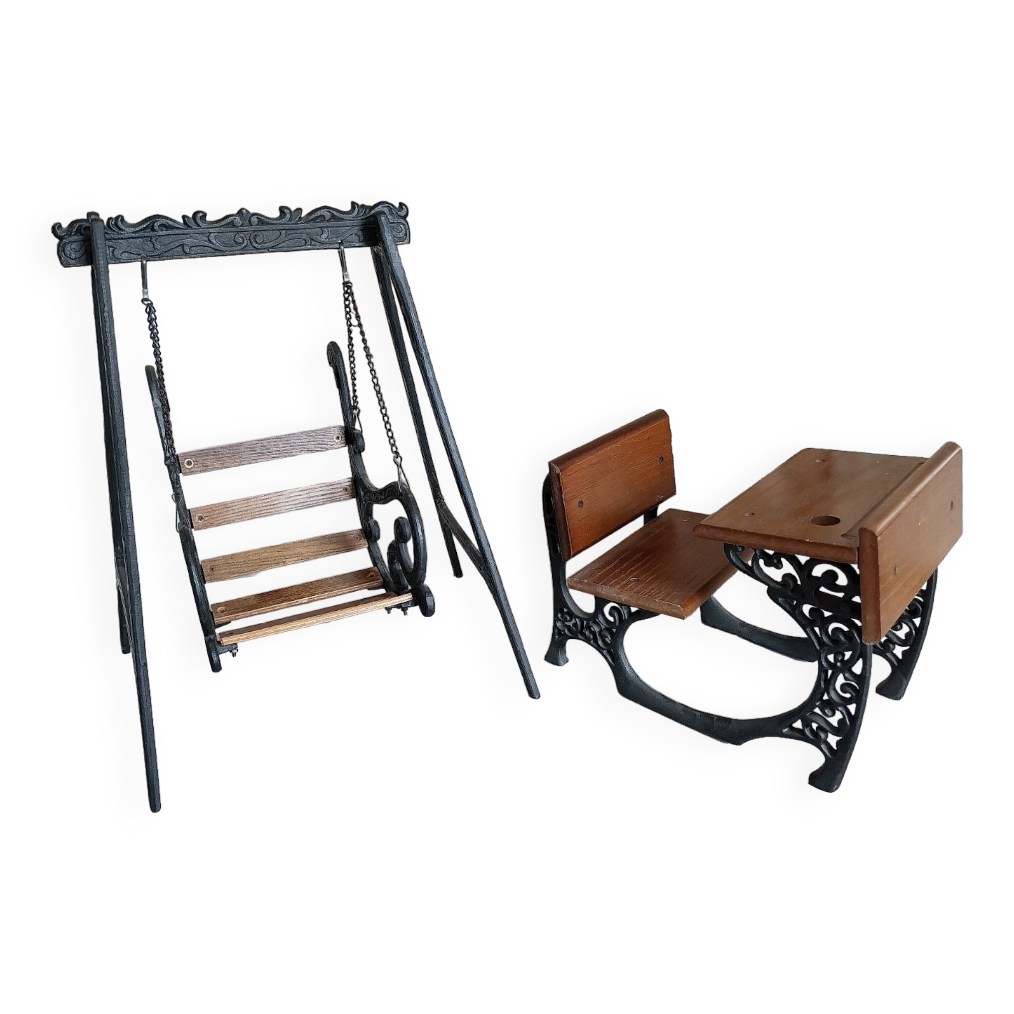 Wooden swing desk and porcelain dolls