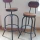 Set of two bar stools in wood and metal, industrial style.