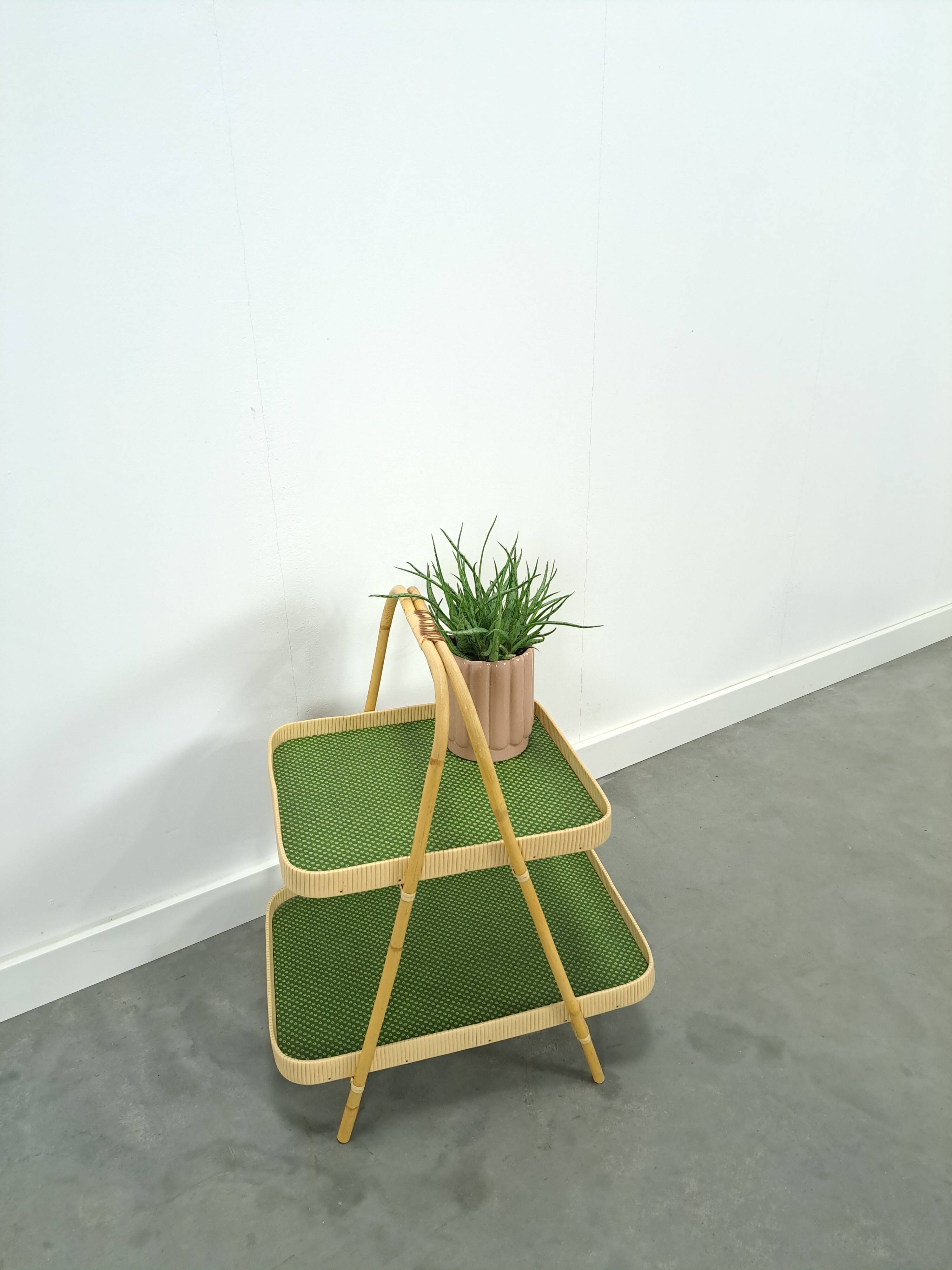 Rattan double tray with green leaf vintage fruit basket