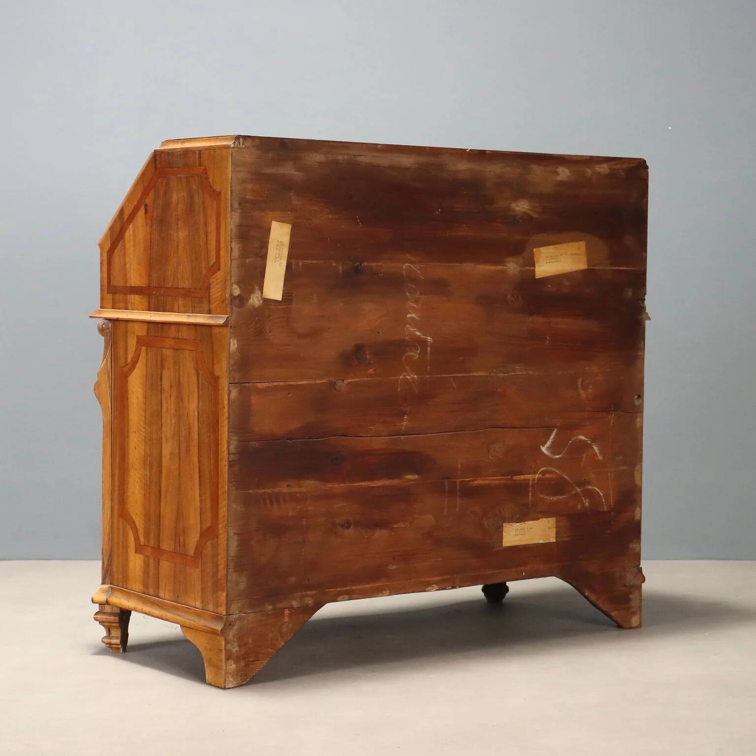 Antique cherry wood cabinet with drop-down front, 3 drawers, Italy, 20th century.