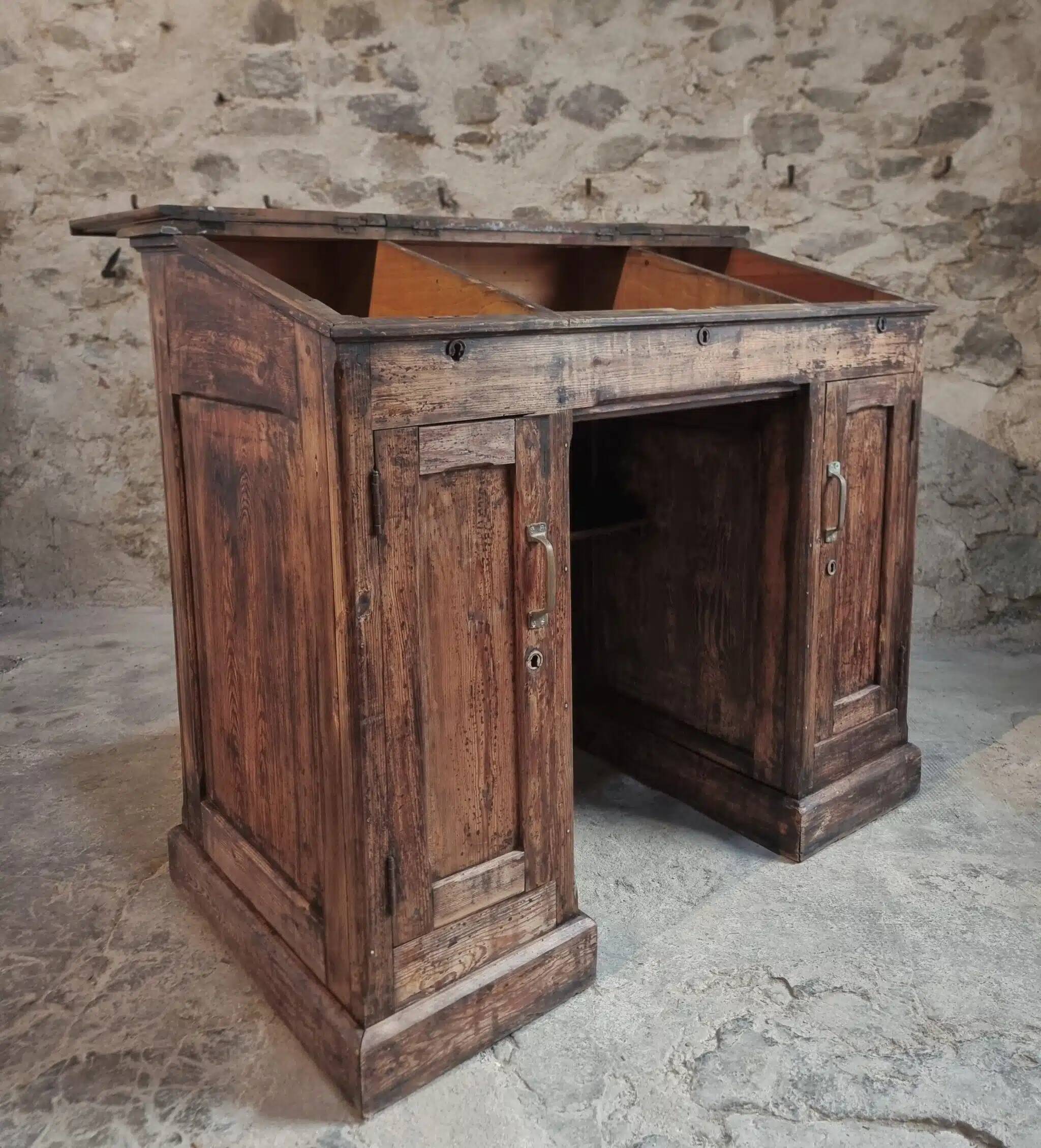 Antique French pine desk – 1880, bar/counter unit with drop-leaf compartments – 65×120×106 cm