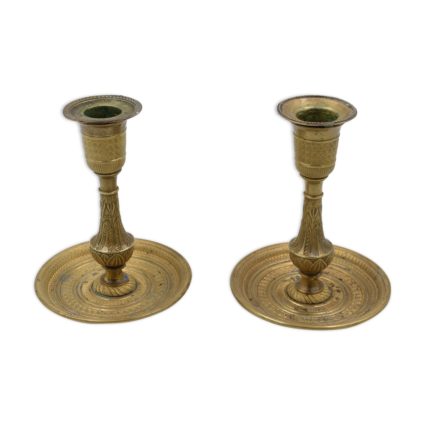 Pair of gossip candle holders in bronze and brass gilded period
