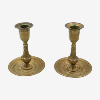 Pair of gossip candle holders in bronze and brass gilded period