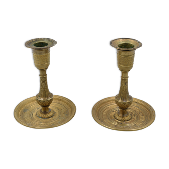 Pair of gossip candle holders in bronze and brass gilded period