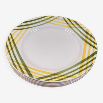 5 white, green and yellow flat plates Moulin des loups