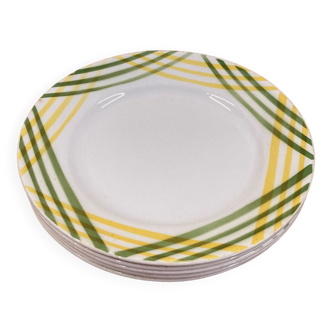 5 white, green and yellow flat plates Moulin des loups