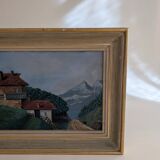 Old painting of a mountain chalet