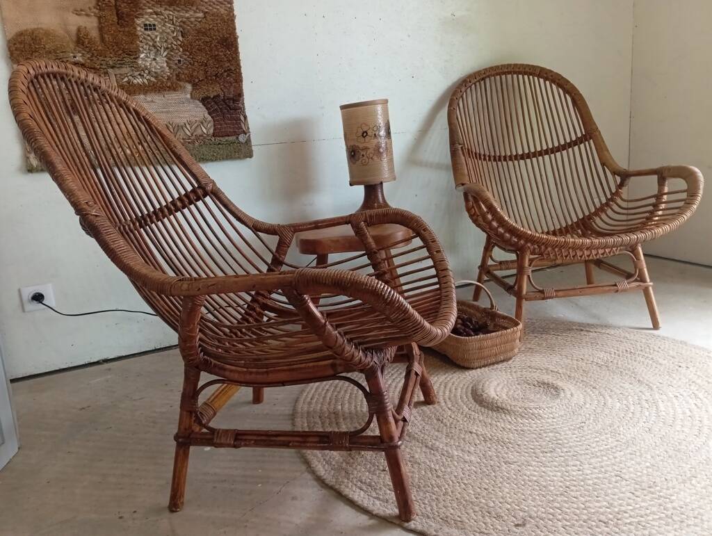 Pair of high-back rattan armchairs