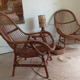 Pair of high-back rattan armchairs