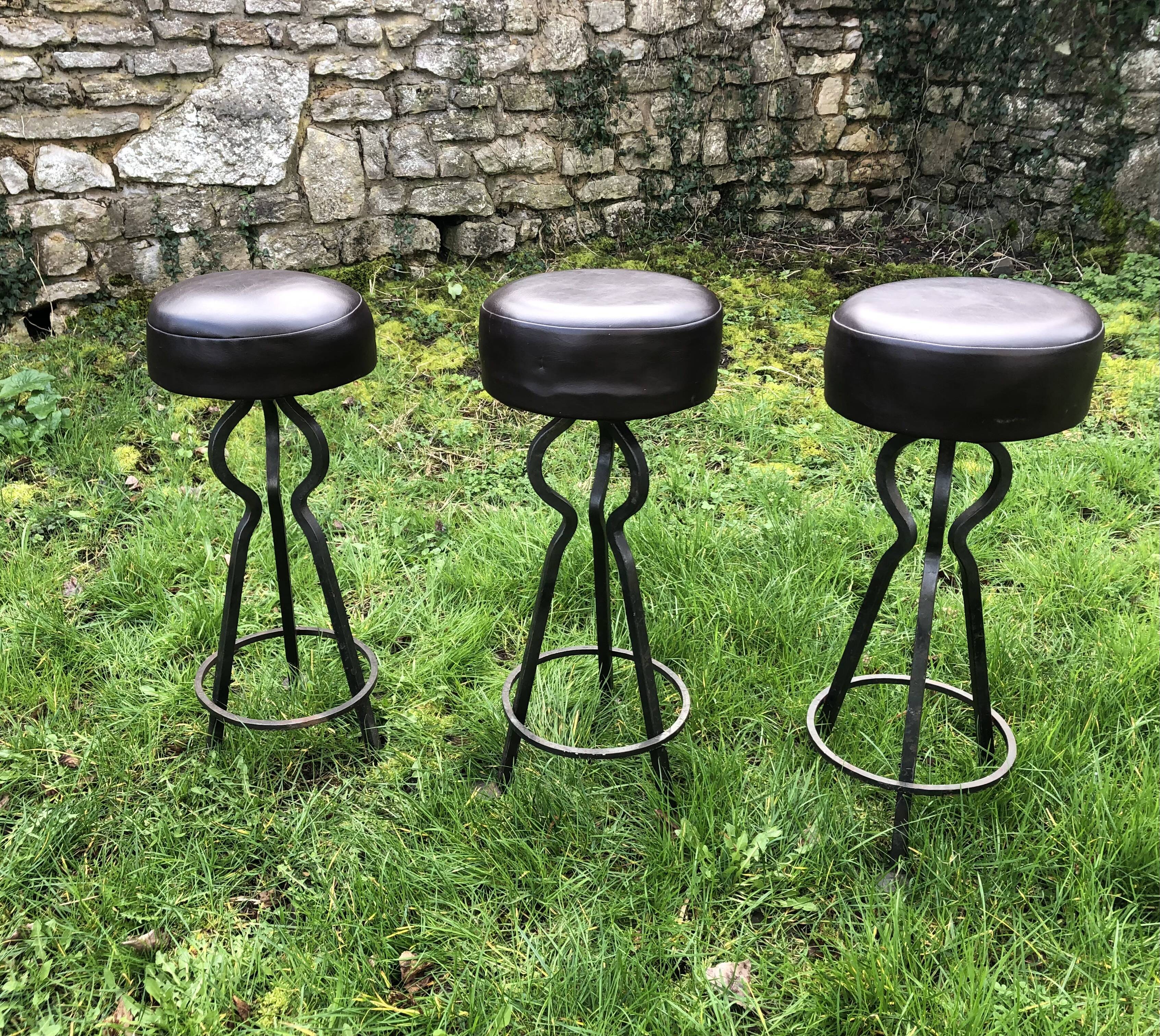 Vintage leather and wrought iron bar stools