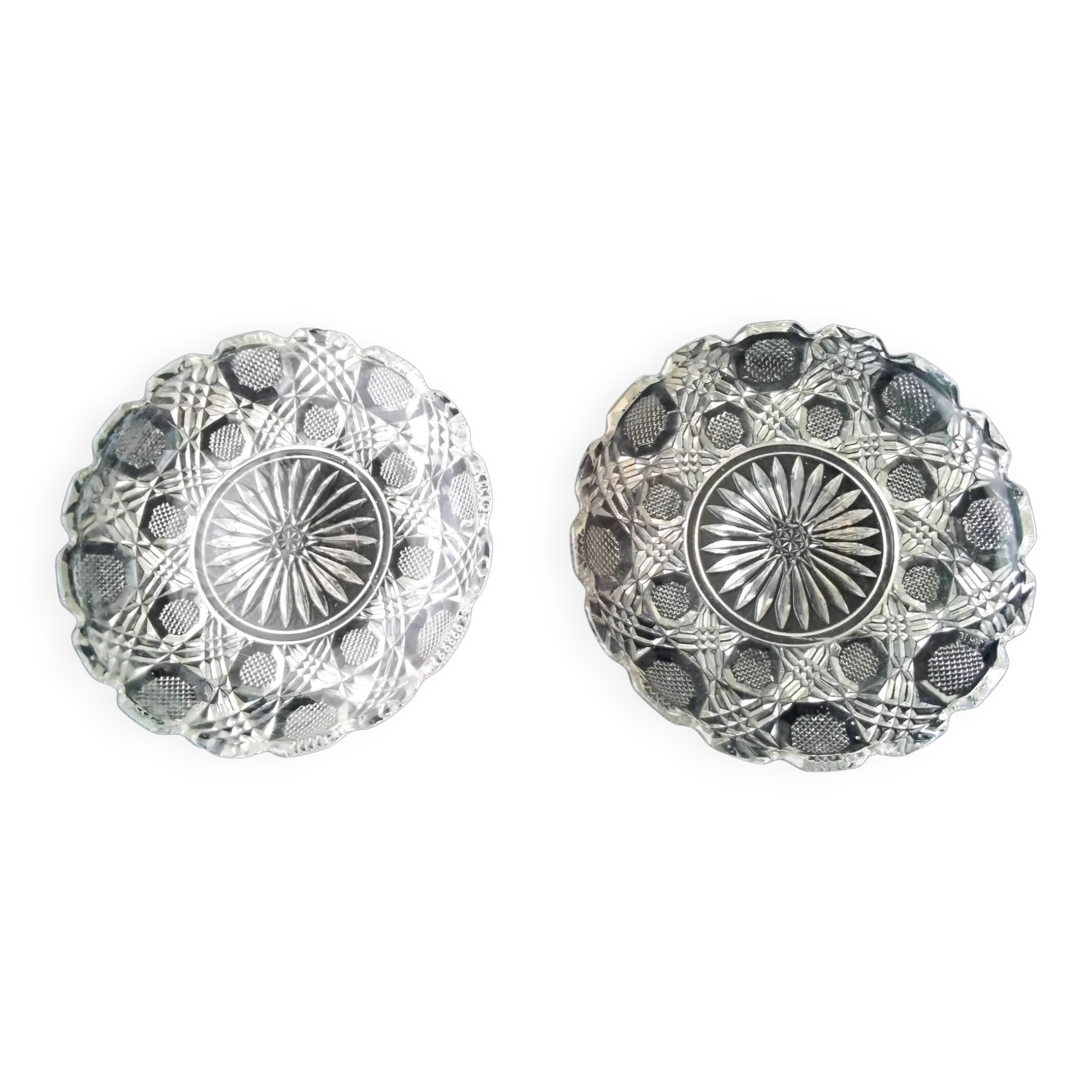 Pair of old coasters or carafes in molded pressed glass