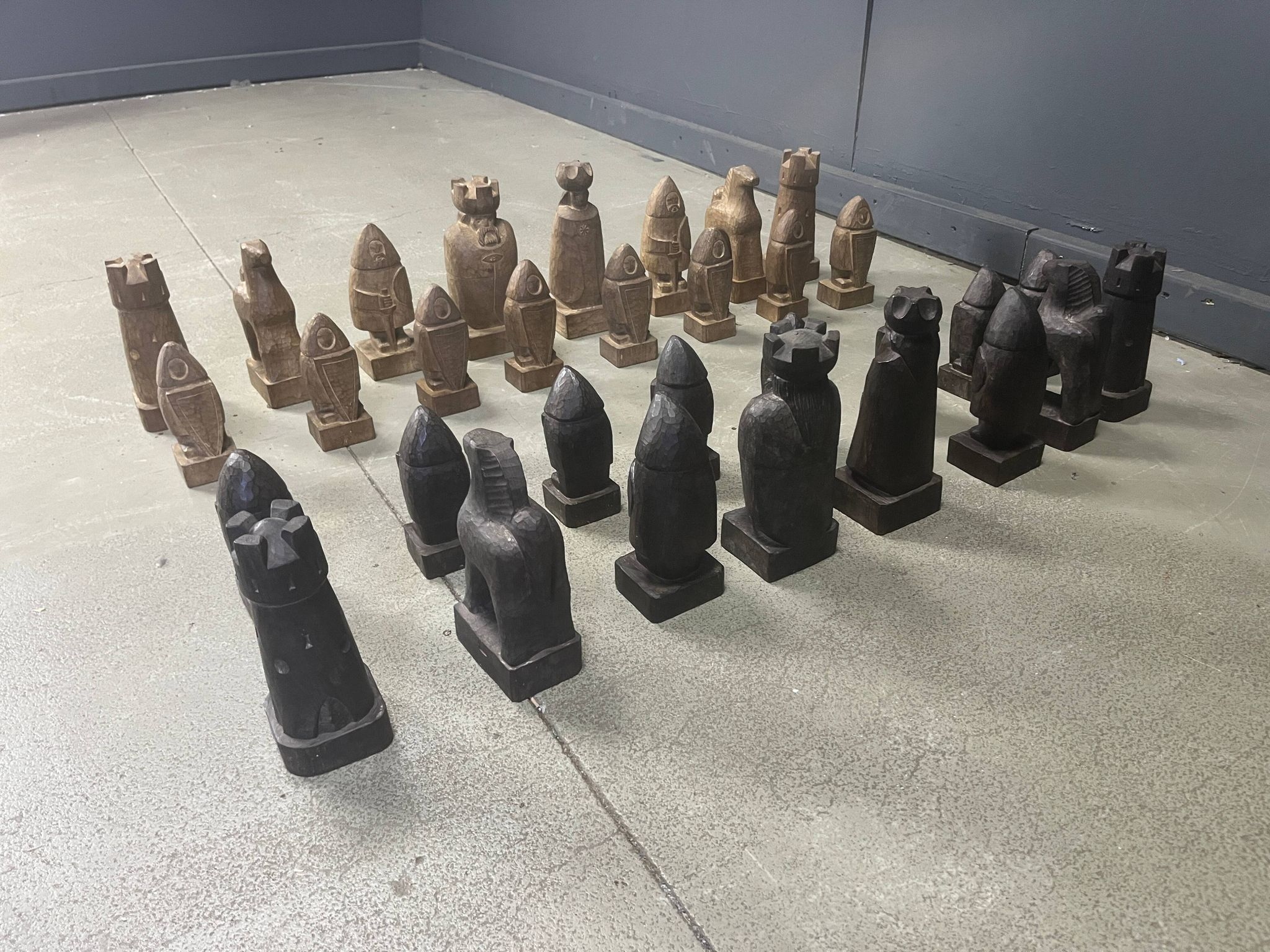 Large hand crafted wooden chess figure set, 1960s
