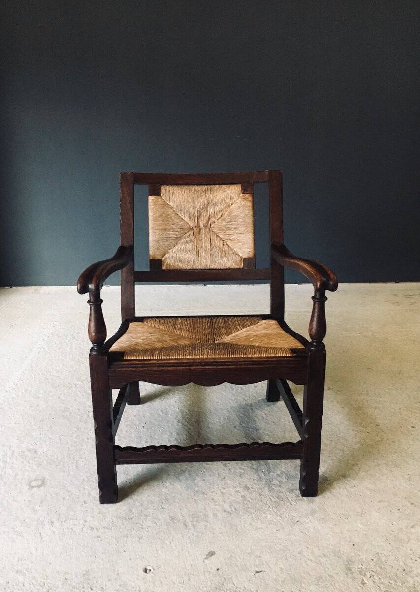 Low Arts & Crafts Oak & Rush Armchair, Belgium 1920s