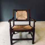Low Arts & Crafts Oak & Rush Armchair, Belgium 1920s