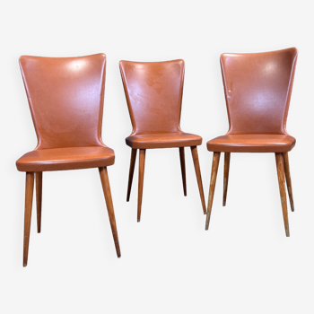 Set of 3 Baumann Essor caramel skai bistro chairs from the 1950s