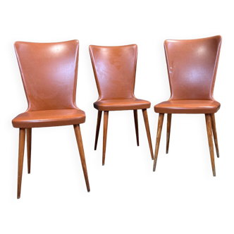 Lot de 3 chaises bistrot Baumann Essor skaï caramel années 50