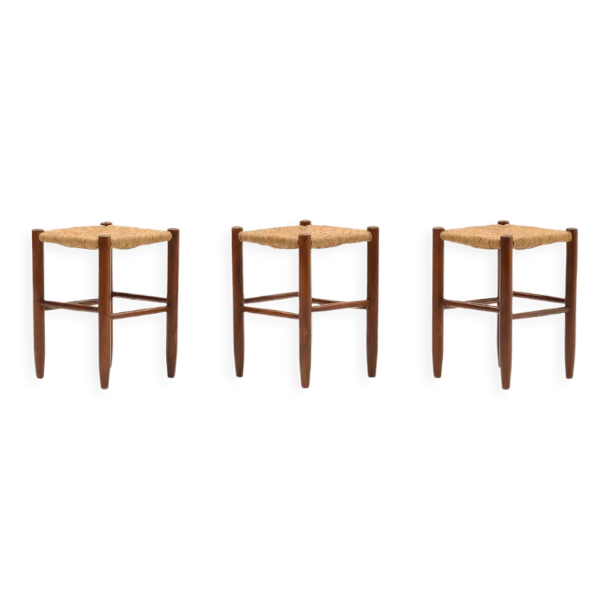 Set of 3 brutalist rush stools, French 70s.