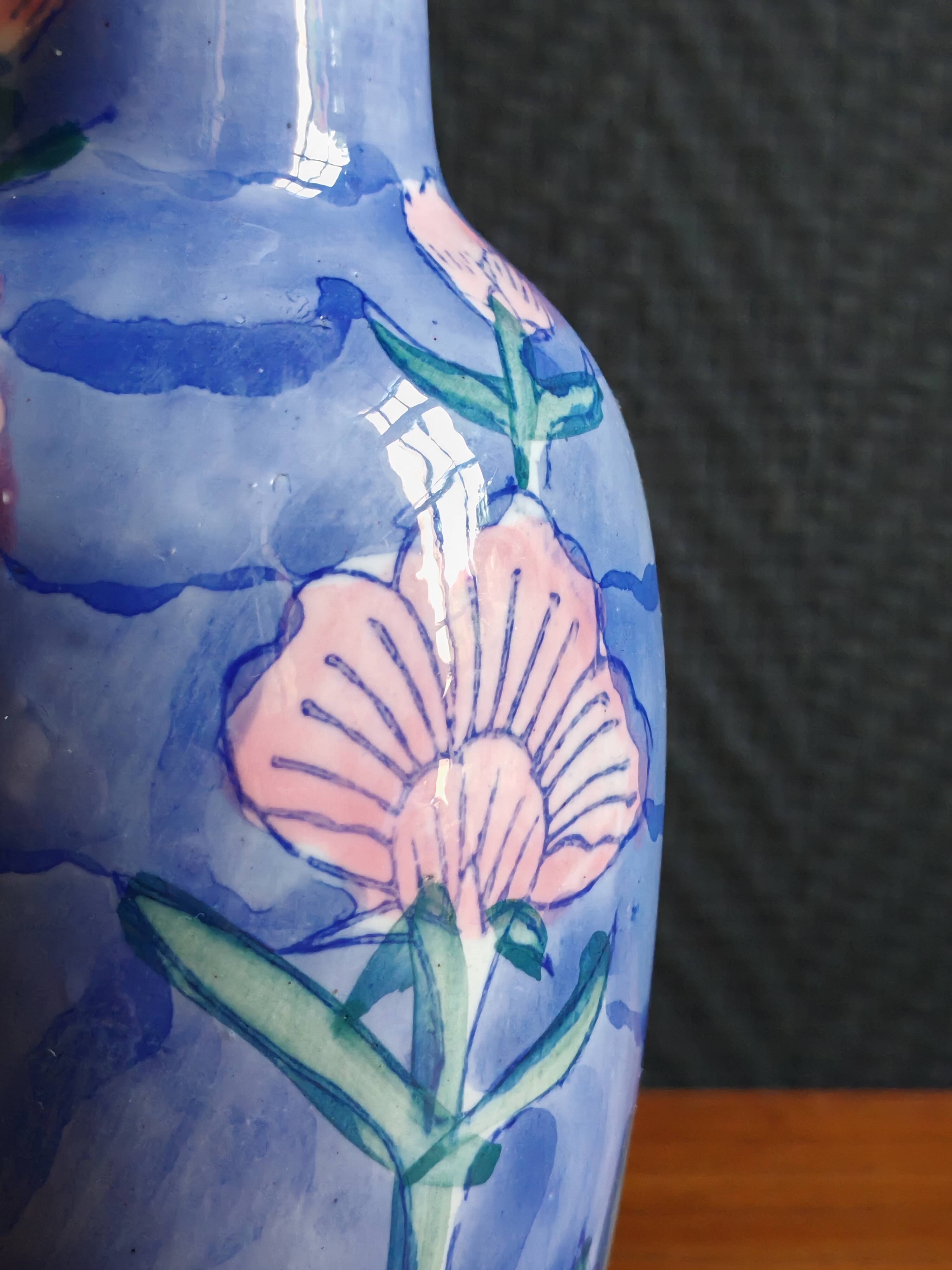 Vintage Blue Ceramic Vase with Pink Floral Decoration, Shabby Chic Style