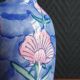 Vintage Blue Ceramic Vase with Pink Floral Decoration, Shabby Chic Style