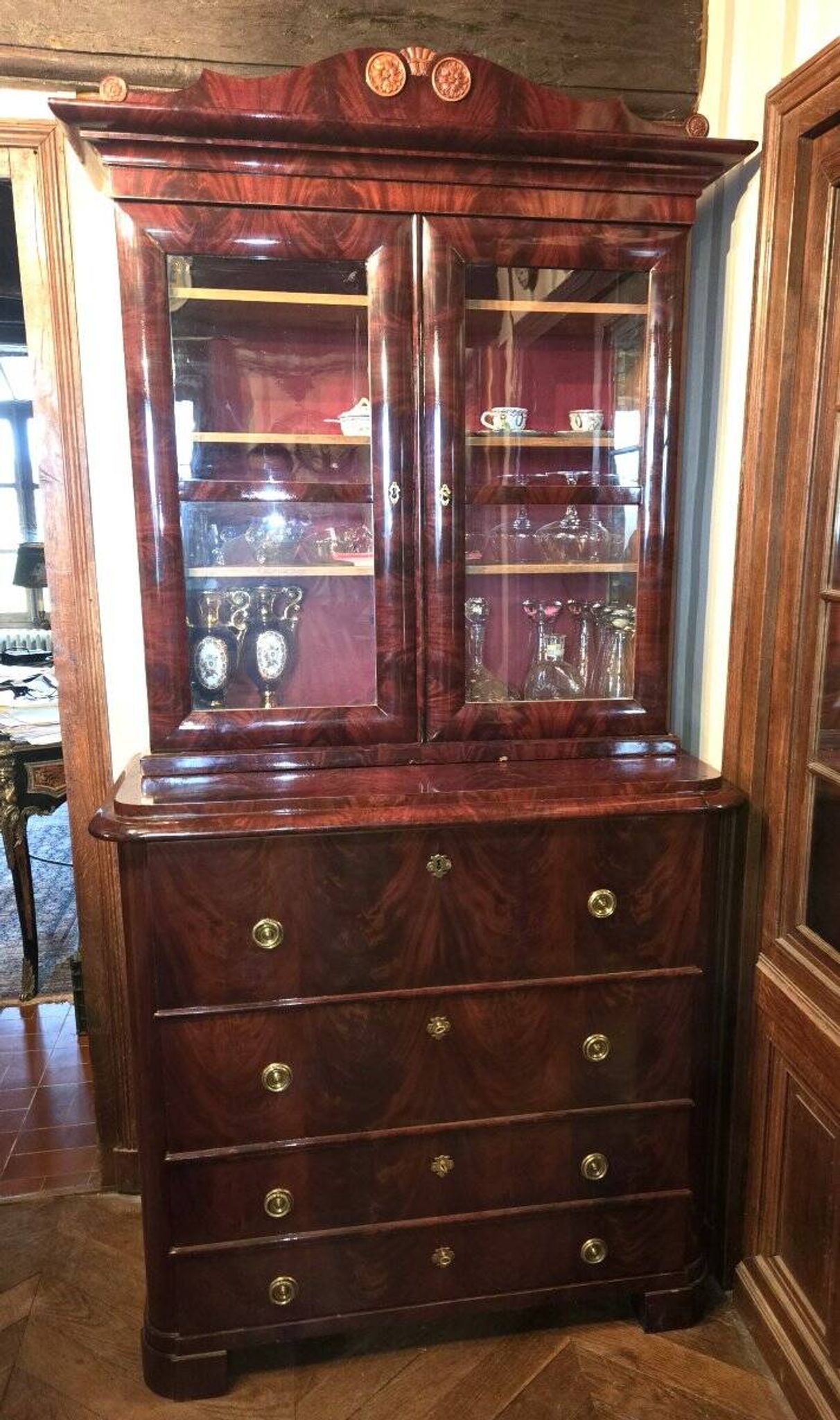 English mahogany library chest of drawers, in Empire or Restoration style.