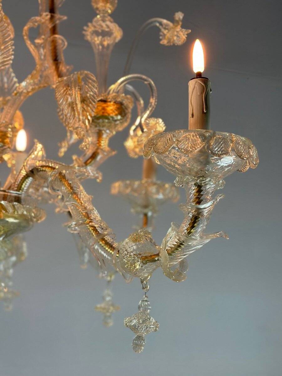 Venetian rezzonico chandelier in golden murano glass, 6 arms of light circa 1930