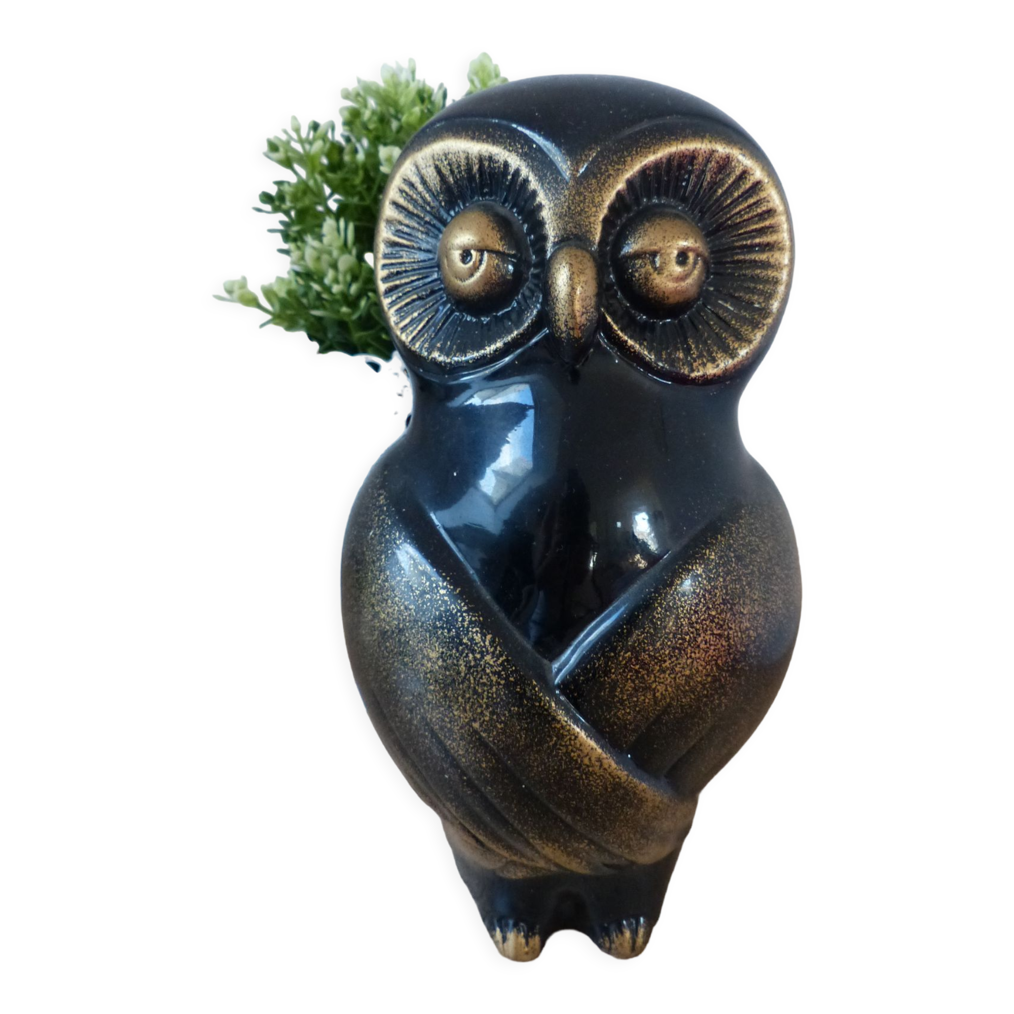 Statuette owl lacquered black and gold asian style