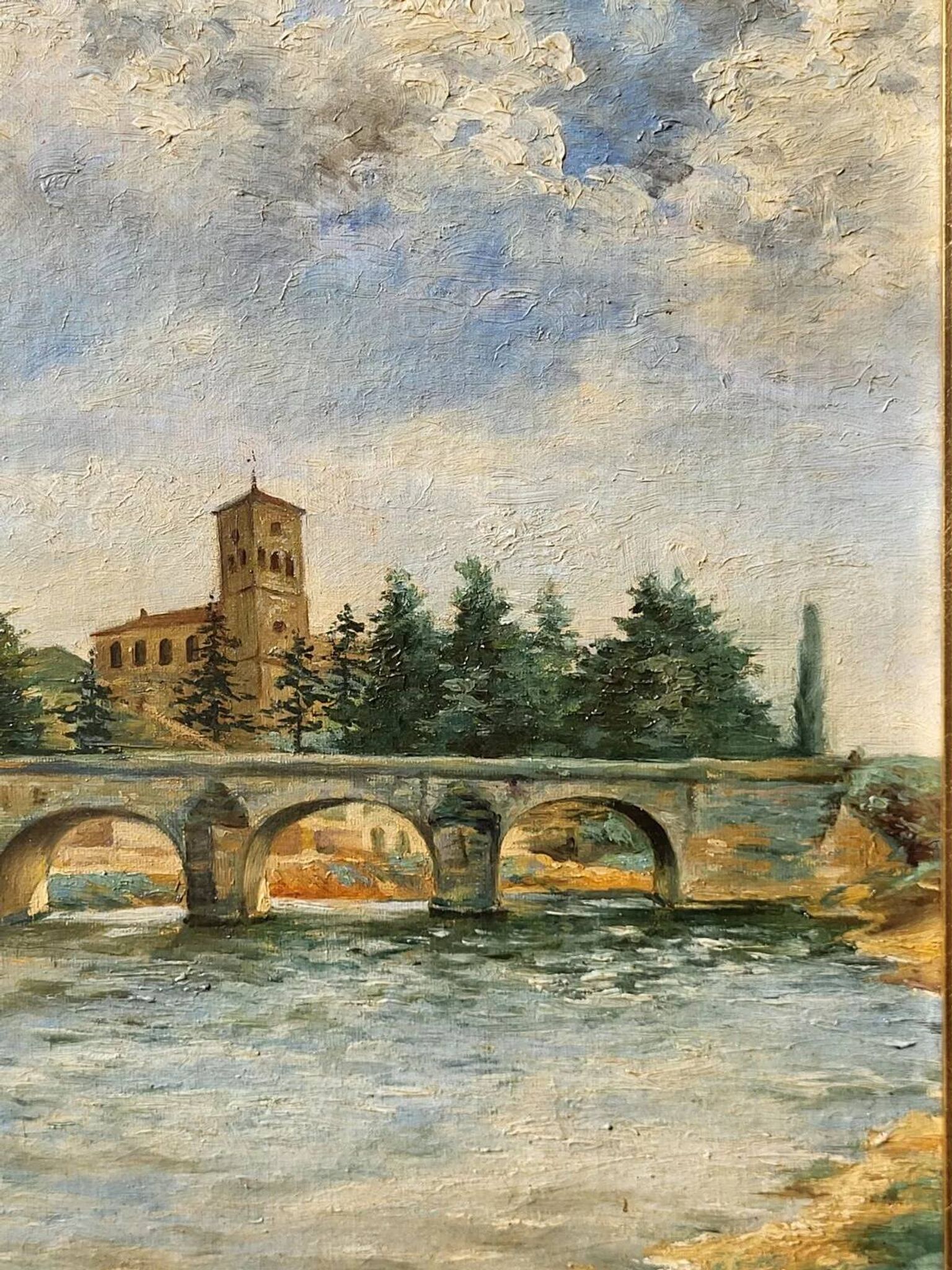 Vintage River Landscape Oil on Canvas Painting, Signed