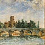 Peinture à l'huile sur toile de paysage fluvial vintage, signée