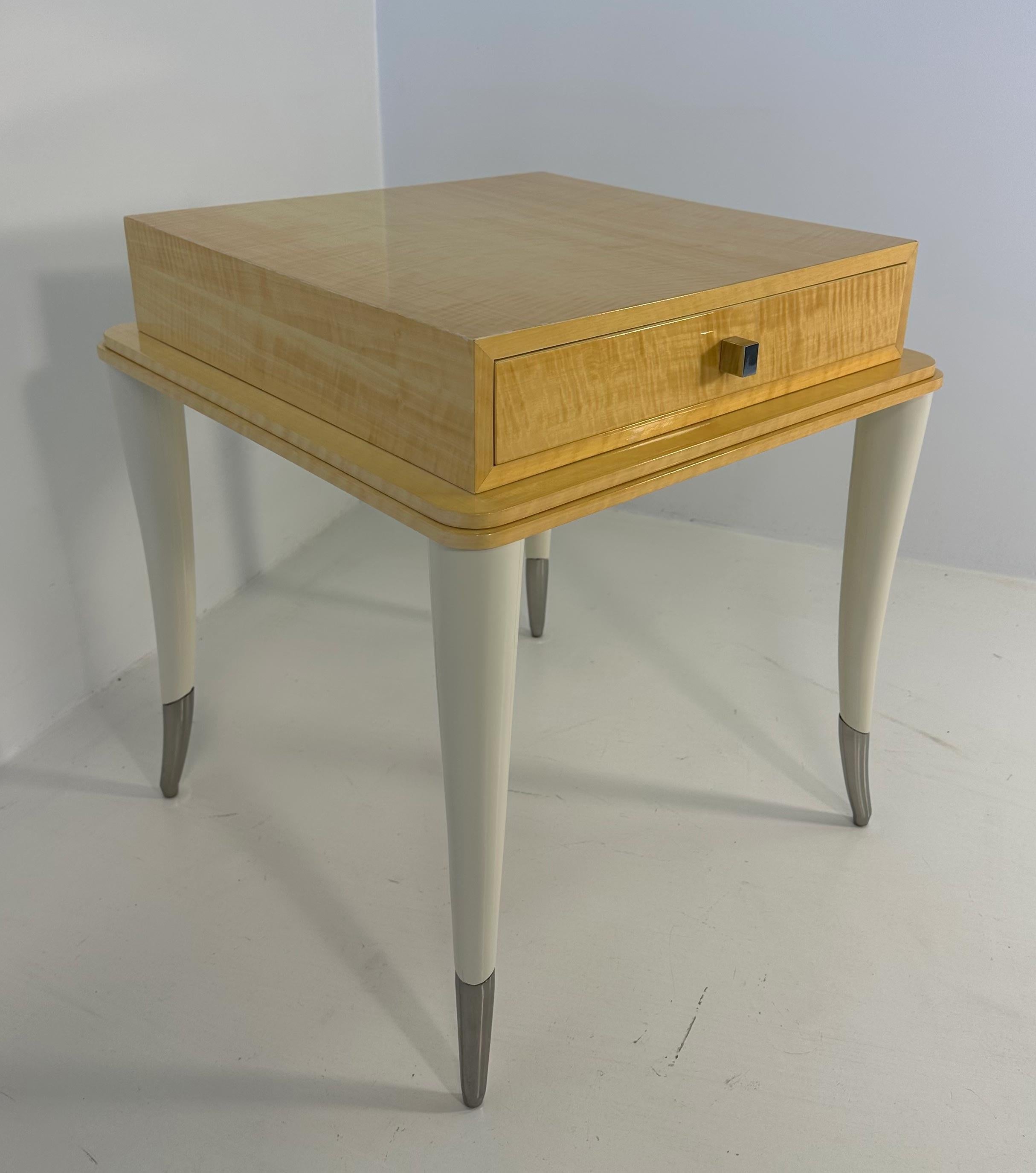 Italian Art Deco Style Cream Lacquer, Maple, Cream Velvet and Chromed Metal Side Table