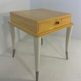 Italian Art Deco Style Cream Lacquer, Maple, Cream Velvet and Chromed Metal Side Table