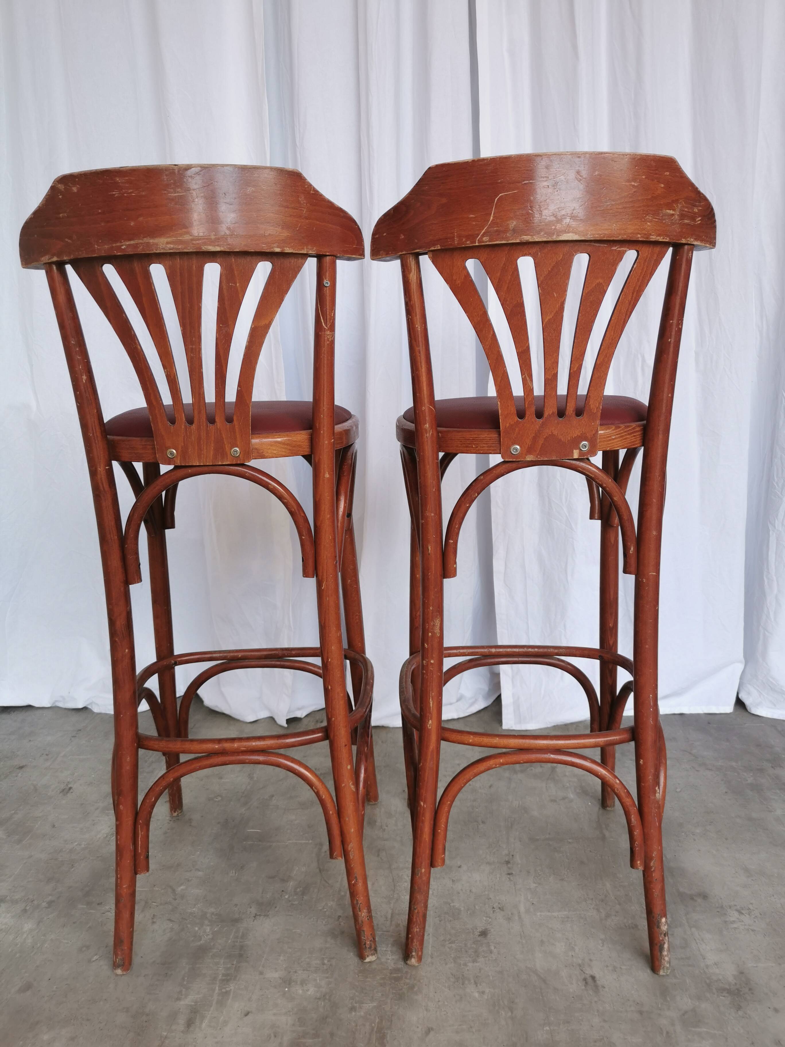 Mid-Century Thonet Style Bar Stools: Red Faux Leather Seat, Set of 2