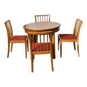 Table vintage en bois mélangé et 4 chaises Carl Malmsten