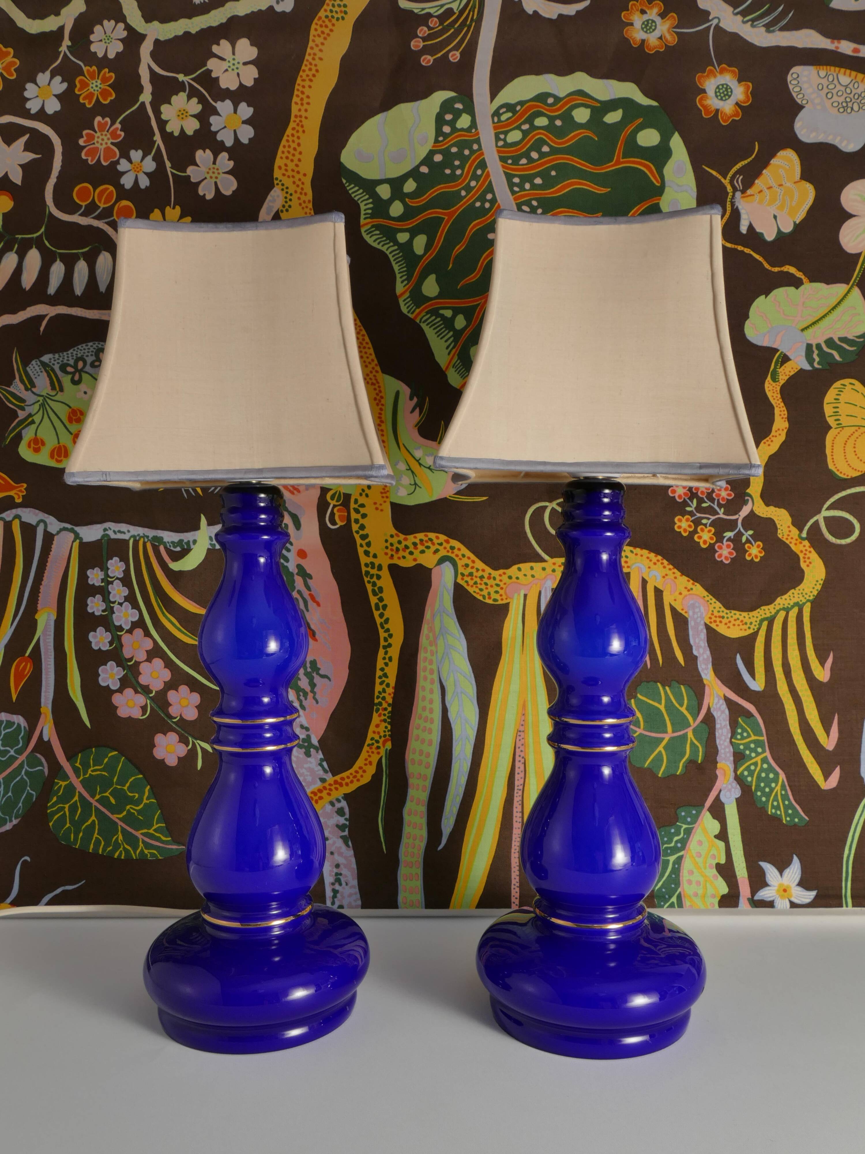 Baluster-shaped Cobalt Blue Glass Table Lamps, Rosdala Glassworks 1960, Set of 2