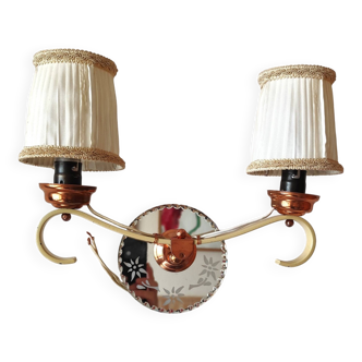 Applique 2 feux en laiton cuivre et  plaque miroir