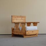 Mid century brutalist solid pine lounge chair with new upholstery, sweden, 1970s