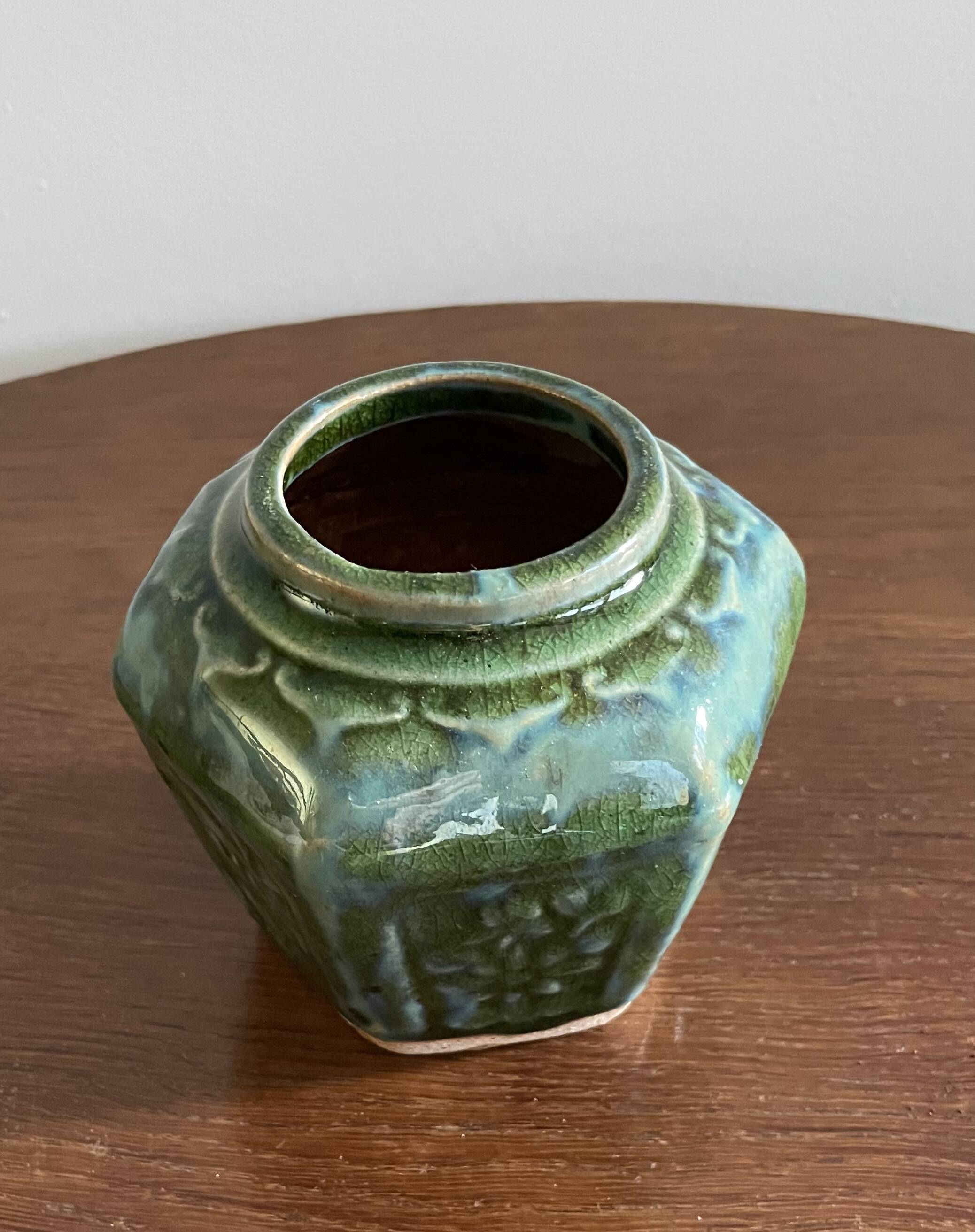 Deep green and light blue glazed hexagonal Shiwan ware ginger jar (collection of six jars, different sizes, floral designs)